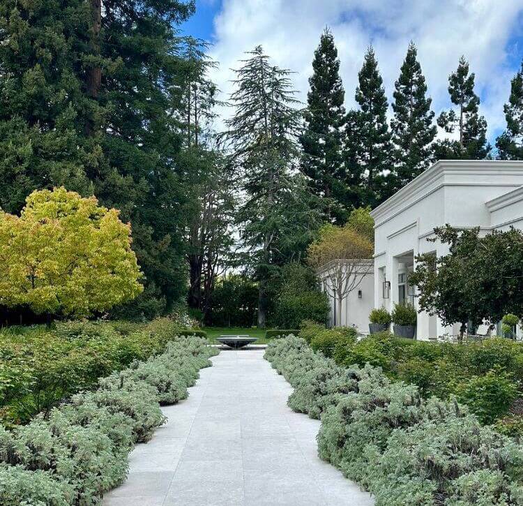 Estate with trees and shrubs surrounding with pathway