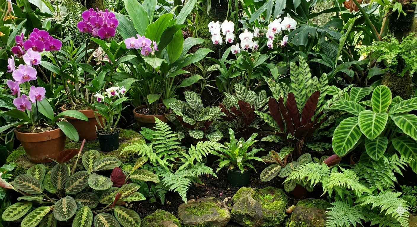 Orchids, Tropical foliage plants, Calatheas and marantas, Ferns