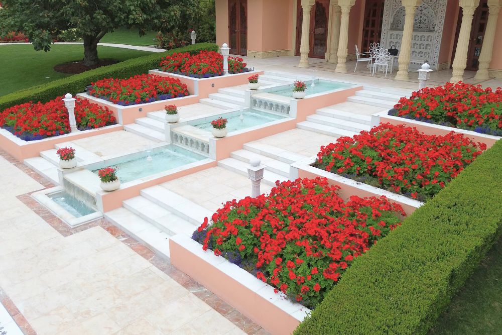 Elegant steps with red flower beds