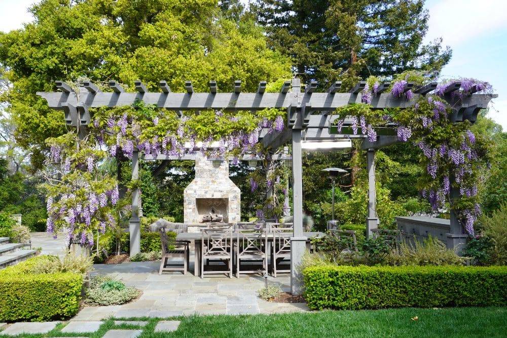 outdoor dining area beneath a wooden pergola, adorned with flowering wisteria vines